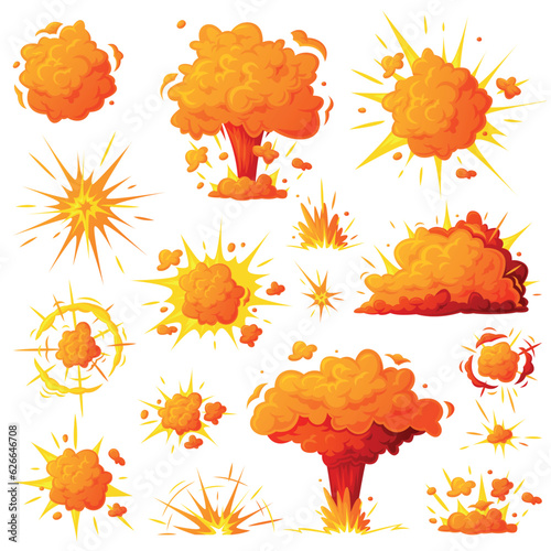 Bomb Explosion Bright Orange Clouds Vector Set