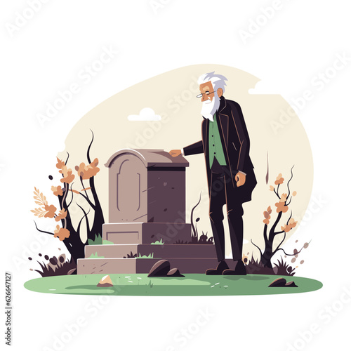 old man near tomstone grave vector flat isolated illustration photo