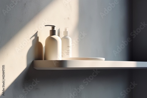 Empty shelf on the wall for cosmetics in sunlight against white background. Minimal mockup design for product presentation.  Generative AI
