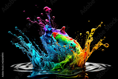Colorful water  droplets and splashes on black background.. Generative AI. © Pavlo Burdyak