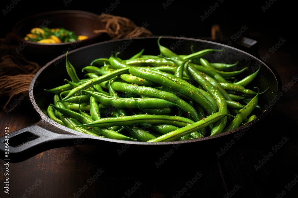 Green beans in a frying pan. Generative AI Green beans in a frying pan. Generative AI