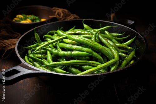 Green beans in a frying pan. Generative AI