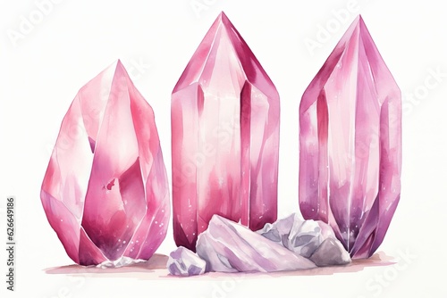 Watercolor crystals drawing on white background. Pink boho crystals art. 