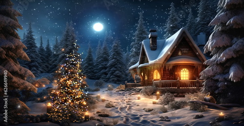 Fototapeta Starry night ,full moon ,winter forest , Christmas trees ,wooden cabin with ligh