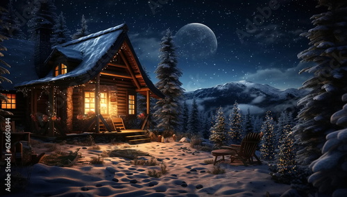 Starry night ,full moon ,winter forest , Christmas trees ,wooden cabin with light in windows, ,pine trees covered by snow ,winter Christmas festive background
