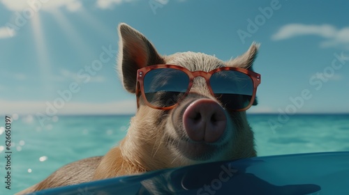 Pig is on summer vacation at seaside resort and relaxing on summer beach. Summer relax. Illustration for cover, card, postcard, interior design, decor, invitations or print. © Login