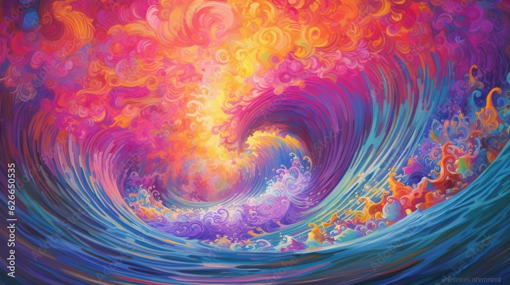 A big breaking ocean wave with white foam. Tropical sunset background. Sunset. Illustration for banner, poster, cover, brochure or presentation.