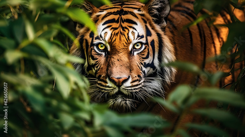 A majestic Bengal Tiger emerges from the lush green foliage of an ancient rainforest, its striking orange fur contrasting against the vibrant shades of the surrounding leaves © ckybe