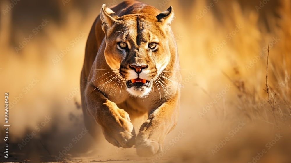Fototapeta Adult lioness running at full speed in a safari. Illustration for cover, card, postcard, interior design, decor or print.