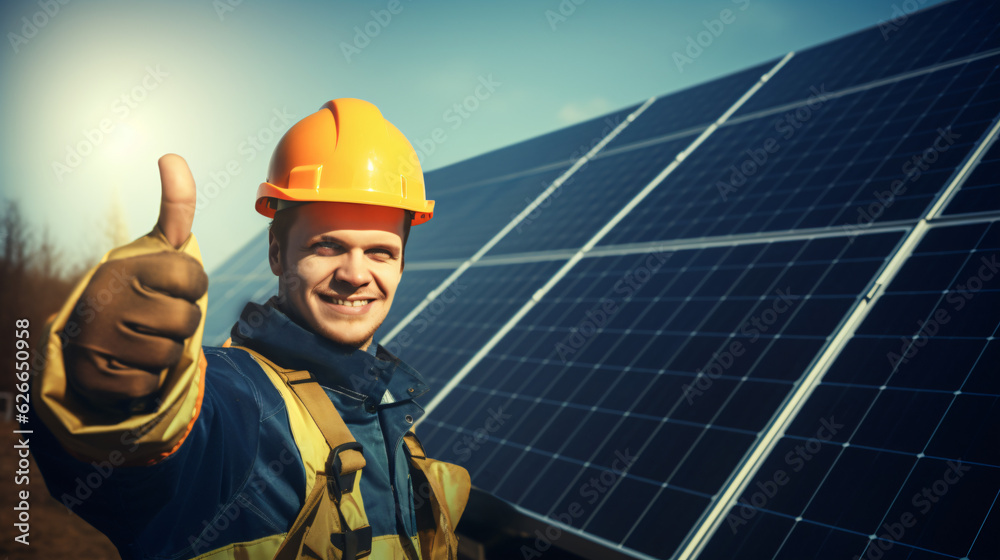 Sustainable life: A worker next to solar panels with thumb up.
Generative AI Sustainable life: A worker next to solar panels with thumb up.
Generative AI