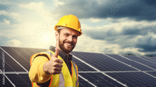 Sustainable life: A worker next to solar panels with thumb up.Generative AI