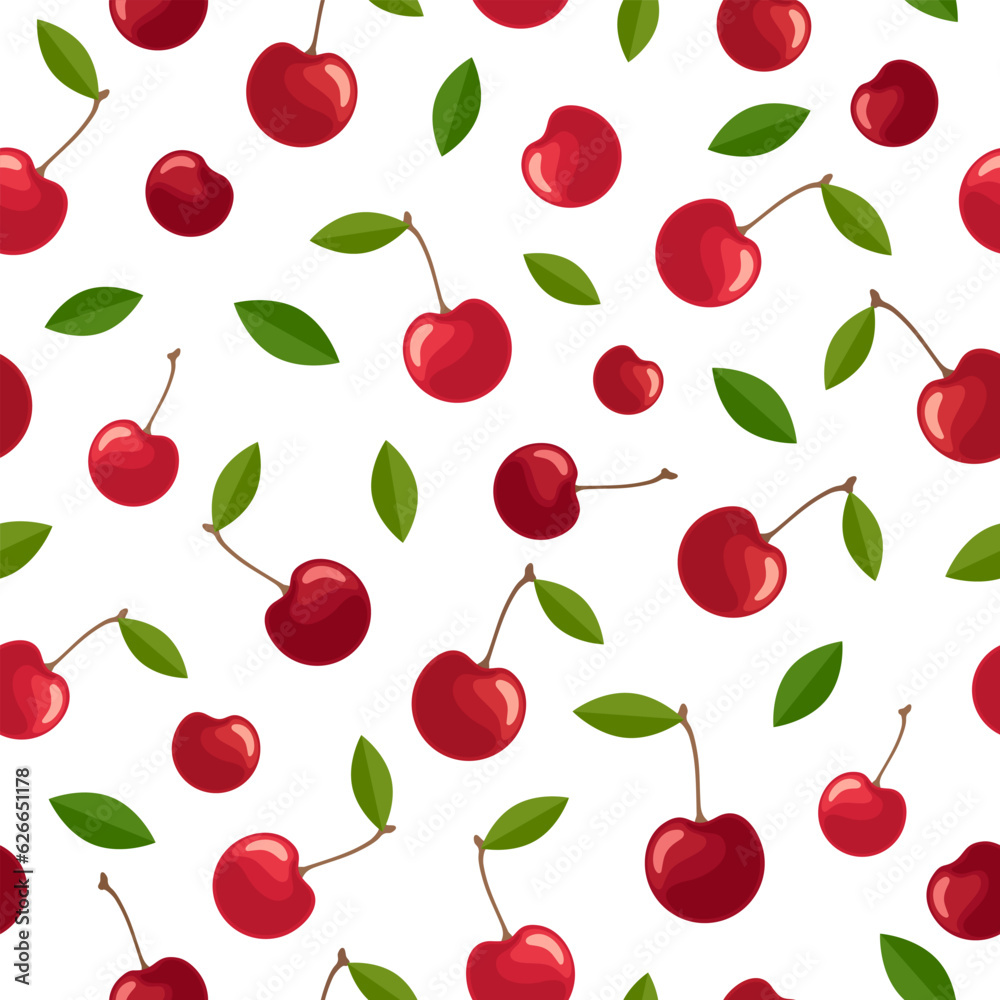 Cute ripe cherries with leaves on a white background. Seamless summer fruit pattern. Clipping. Suit for packaging, textile, wrapping paper. Cute ripe cherries with leaves on a white background. Seamless summer fruit pattern. Clipping. Suit for packaging, textile, wrapping paper.