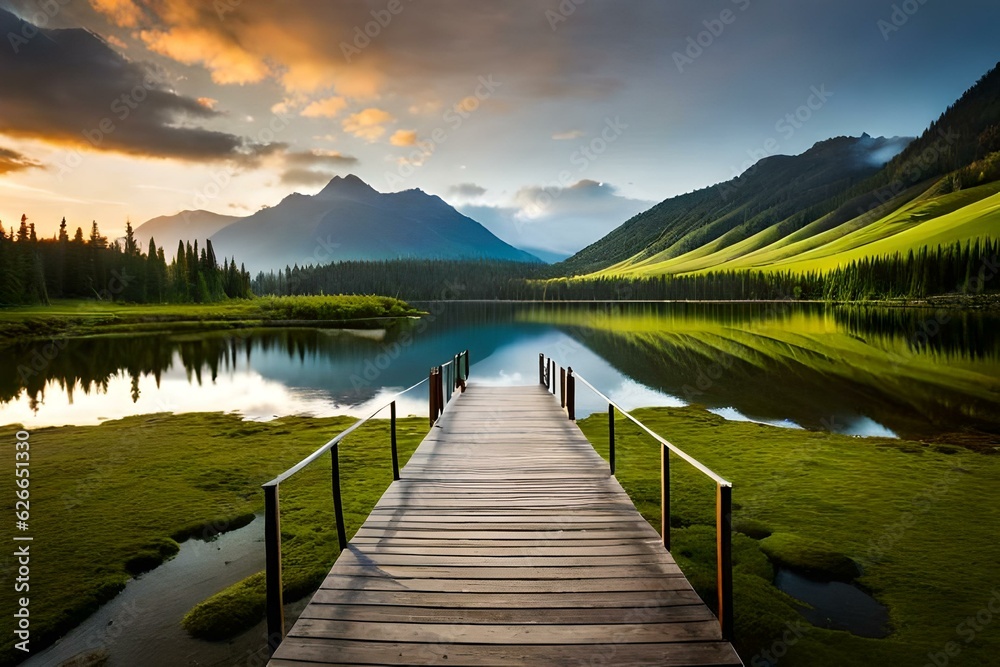 Brown Wooden Dock on River, Created using generative AI tools