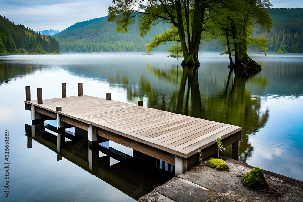 Naklejka premium Brown Wooden Dock on River, Created using generative AI tools