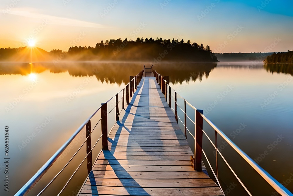 Fototapeta premium Brown Wooden Dock on River, Created using generative AI tools