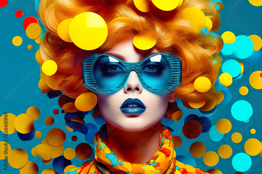 Young woman with blue sunglasses, fashion illustration in pop art color explosion style