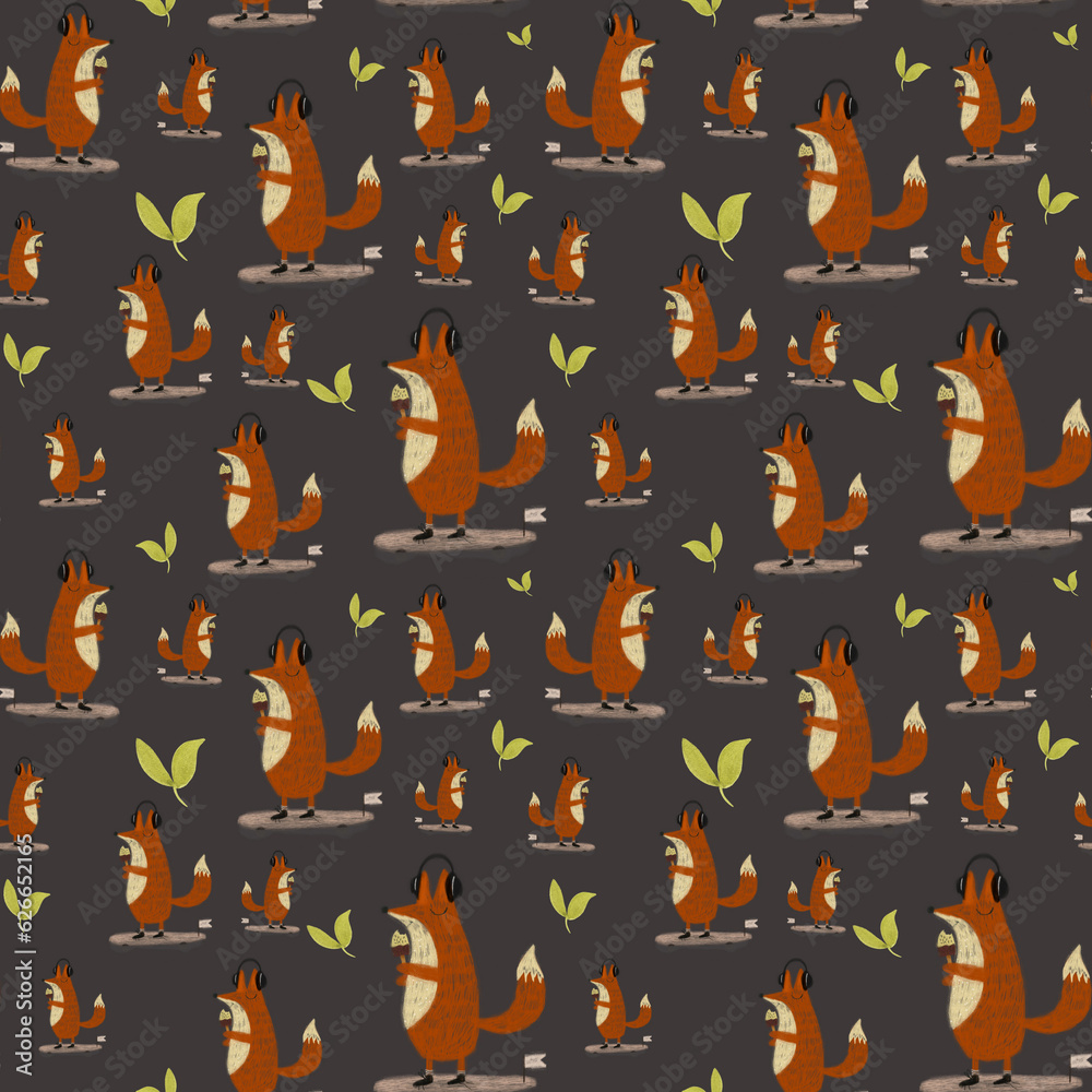 Pattern wich foxes on black background