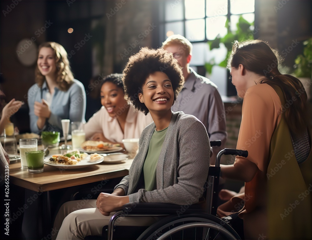A young black businesswoman in a wheelchair having lunch with their friends. A young black businesswoman in a wheelchair having lunch with their friends.