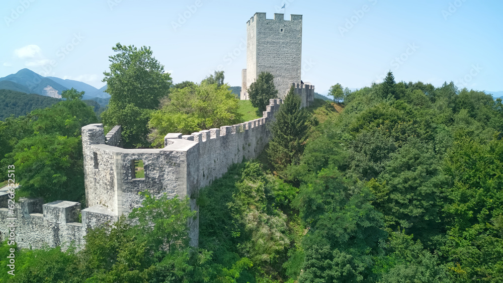 Celje Old castle (Celjski Stari grad), aerial view of medieval fortification and town of Celje in Lasko valley in Julian Alps mountains, Slovenia, Styria.