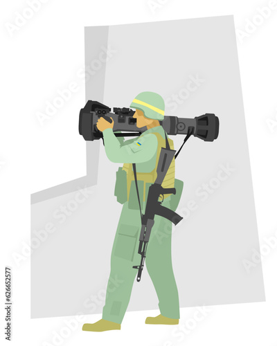 Ukrainian troops. Anti-tank ambush. Infantryman with NLAW anti tank missile system. Vector image for illustrations.
