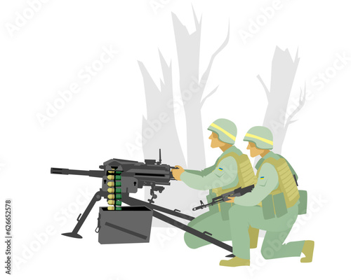 Ukrainian troops. Fire support team with MK-19 automatic grenade launcher. Vector image for illustrations.