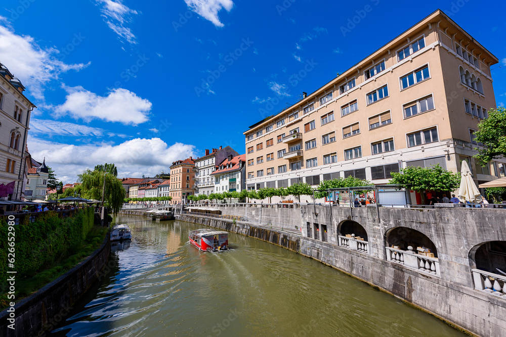 Ljubljana, Slovenia - June 27, 2023: Beautiful crowded downtown Ljubljana City.