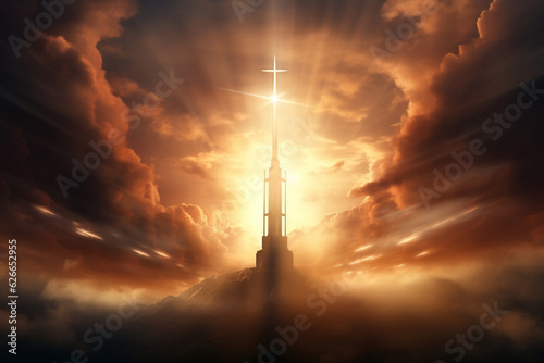 Rays of sunlight beaming down from clouds upon steeple cross