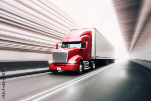 Fast moving full lighted truck on highway with semi-trailer