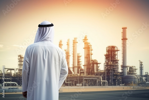 A successful Muslim Arab entrepreneur beside an oil pump, with an oil refinery complex in the backdrop. A thriving Saudi, Emirati, Arab businessman. Wide format panoramic backgroundGenerative AI