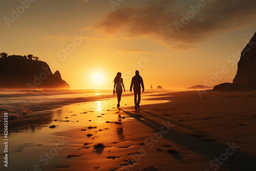 Silhouetted figures walking across beach toward setting sun