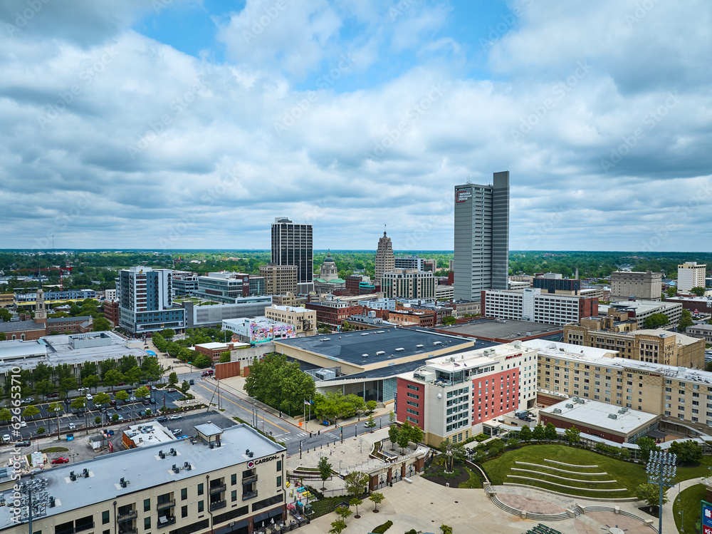 Aerial downtown Fort Wayne with multiple buildings just outside Parkview Field