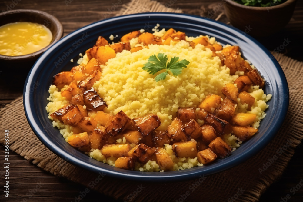 Original dish of couscous. Cuscuz Brasil. Also know as Cuscus or Cuzcuz. North and northeast of Brazil, typical food of Brazilian cuisine Original dish of couscous. Cuscuz Brasil. Also know as Cuscus or Cuzcuz. North and northeast of Brazil, typical food of Brazilian cuisine