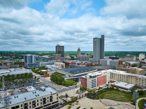 Aerial downtown Fort Wayne with multiple buildings just outside Parkview Field © Nicholas J. Klein