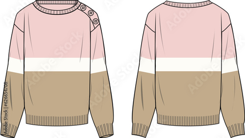 Women's Button Detail, Colourblock Sweater- Technical fashion illustration. Front and back, colored. Women's CAD mock-up.