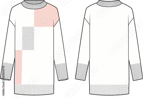 Women's High Neck, Colour-block Tunic. Technical fashion illustration. Front and back, colored. Women's CAD mock-up.