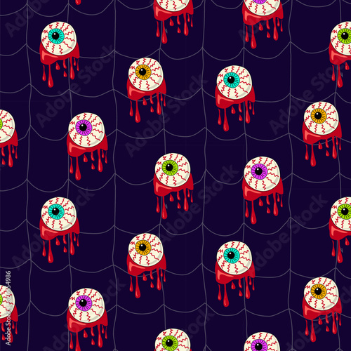 Halloween seamless pattern of zombie eyeballs on dark blue background with spider web texture; spooky surface design of cartoon bleeding monster eyes