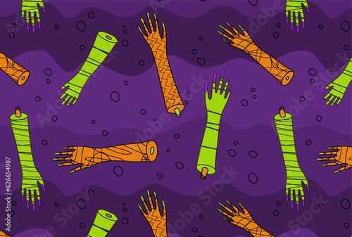 Halloween seamless pattern of textured lime green and orange zombie arms on purple background with bubbles; spooky comic surface design of cartoon monster hands with long nails