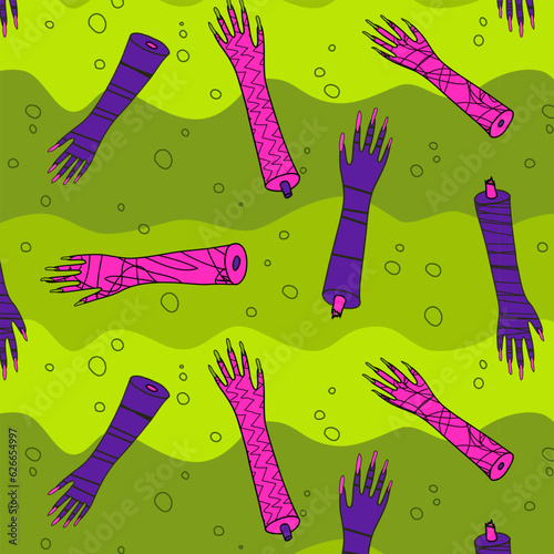 Halloween seamless pattern of textured purple and pink zombie arms on brigt green background with bubbles; creepy comic surface design of cartoon monster hands with long nails