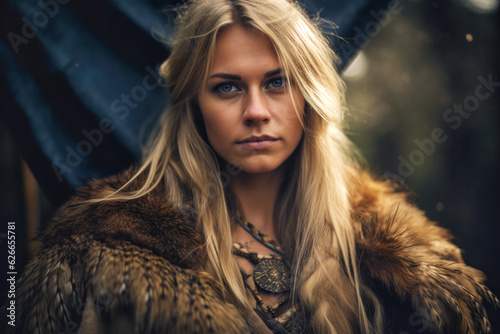 Portrait of a Nordic viking woman with long blonde braided hair (Generative AI) © Nevio