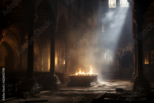 Interior of incense filled medieval church with haze and spotlight