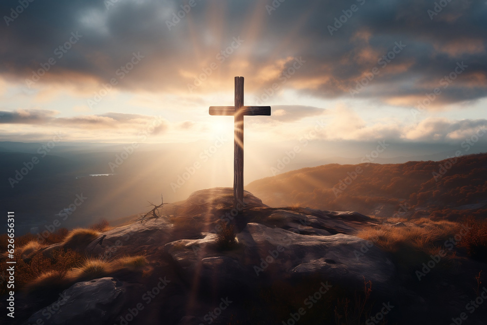 Rays of sunlight beaming down from clouds on hillside wooden cross