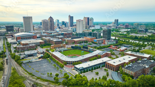 Obraz na płótnie Huntington Park baseball stadium with Columbus Ohio skyscrapers skyline aerial