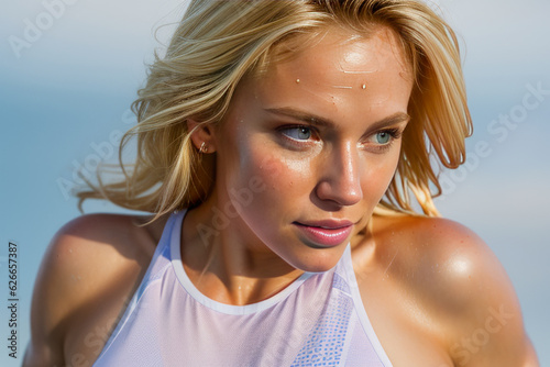 Runner woman, headshot, cleat background. Generative AI.. 