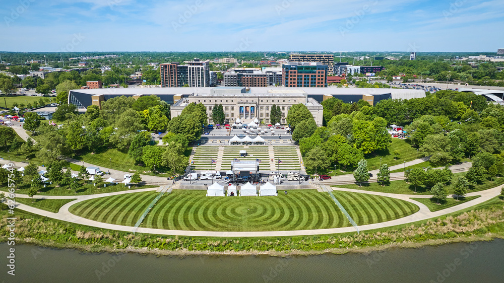 Aerial COSI with manicured green lawn of Lower Scioto Greenway with river Aerial COSI with manicured green lawn of Lower Scioto Greenway with river
