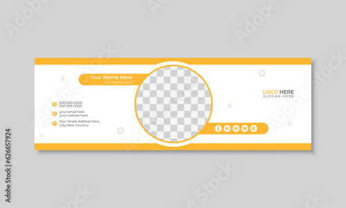 Clean and simple email signature or email footer design template, personal social media cover design with place for photo, creative design with yellow abstract shapes, minimal editable layout