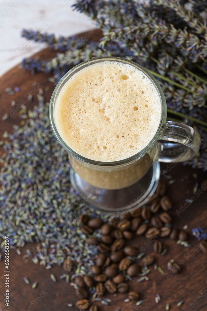 Lavender raf coffee on a wooden board. Lavender raf coffee on a wooden board.