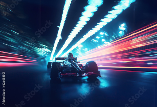 Colourful neon race car on the race track, Formula 1 at night competing at high speed in motion blur, light trails