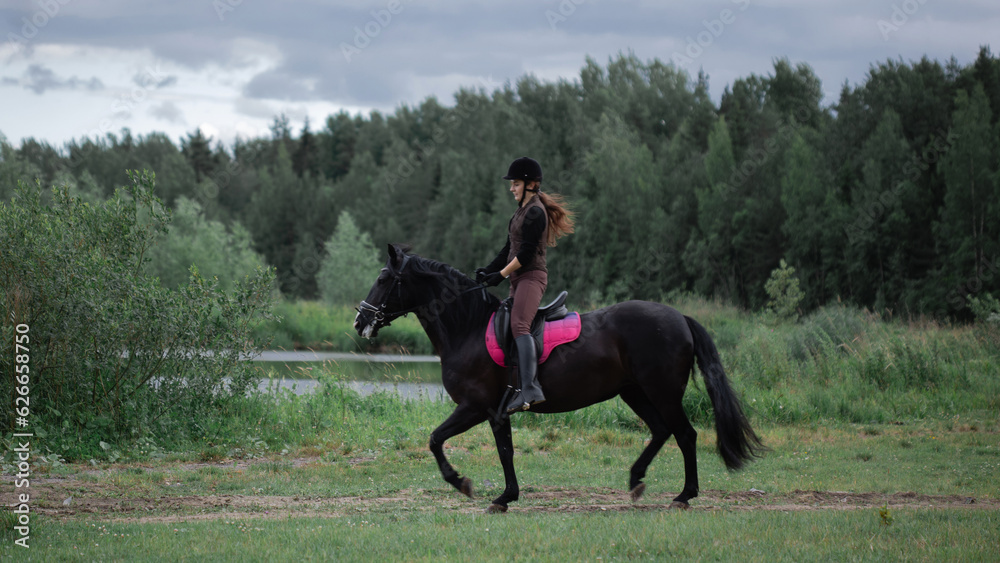 Equestrian sports. A young woman in the saddle, a rider and her horse outdoors, riding in the woods. Equestrian sports. A young woman in the saddle, a rider and her horse outdoors, riding in the woods.