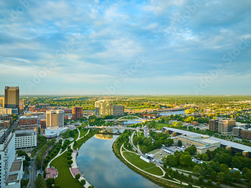 Aerial Columbus Ohio city view with winding Scioto River