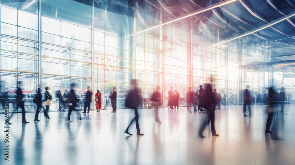 Blurred figures of business professionals strolling at an expo, conference, or within a contemporary hall, demonstrating motion speed blur, broad panoramic banner


Generative AI